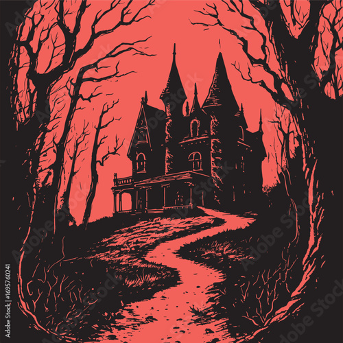 grunge Nightmare Realm Terrifying Apparitions Presence, Castle of Horrors illustration, Haunted Gothic Manor