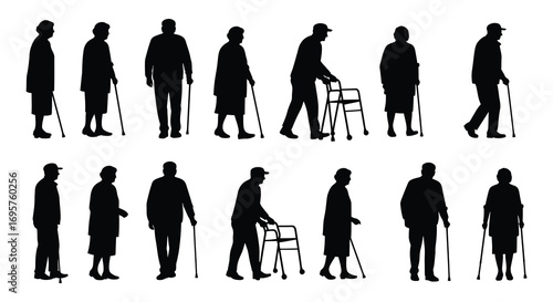 elderly people walking with canes and walkers silhouette