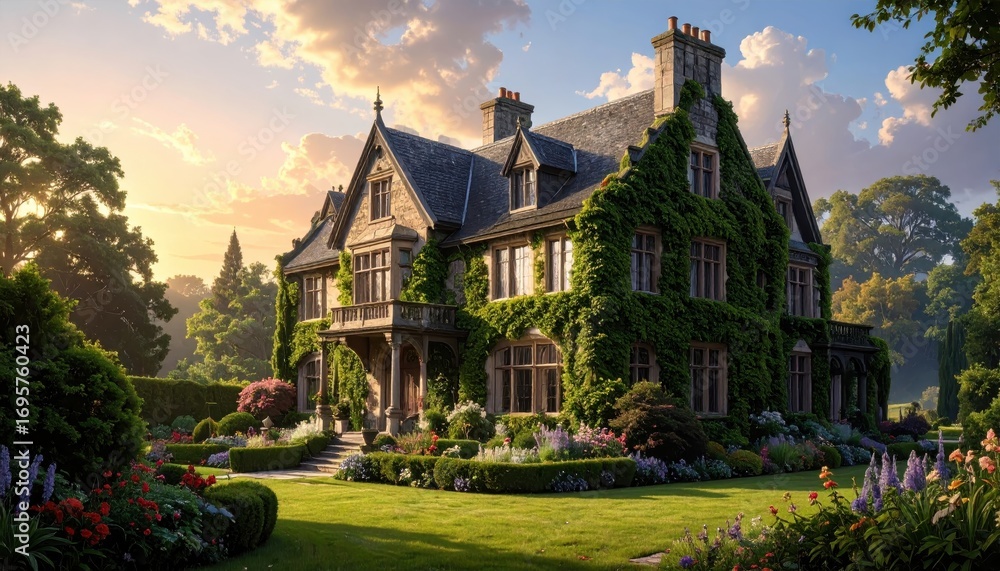 Fototapeta premium A stately stone mansion with lush gardens, bathed in the warm glow of a golden sunset.