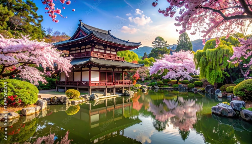 A serene Japanese temple garden, adorned with vibrant cherry blossoms, reflects beautifully in a tranquil pond. A serene Japanese temple garden, adorned with vibrant cherry blossoms, reflects beautifully in a tranquil pond.