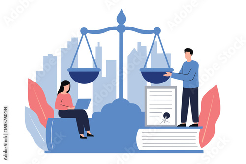 Law Firm Services with Justice, Legal Advice, Judgement and Lawyer Consultant,Lawyer, Attorney and Justice with Laws, Scales, Buildings, Book or Wooden Judge Hammer to Consultant in Flat Cartoon Illus