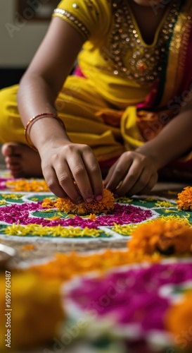 Woman hands creating a colorful floral pattern on the floor for a traditional Onam celebration in India. Festive ritual for Happy Onam festival of South India Kerala.