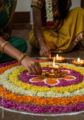 Woman arranges floral pattern of tropical fresh flowers to create a colorful pookalam. Traditional floral cultural celebration decor for Onam, harvest festival celebrating.