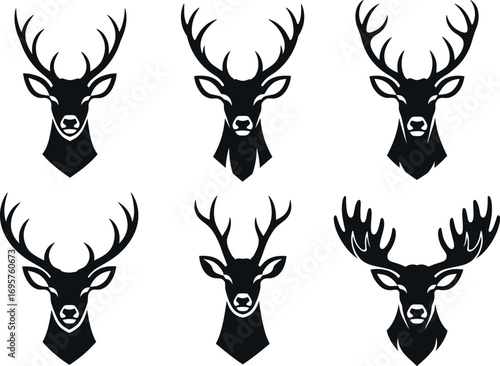 Collection of majestic stag head silhouettes diverse antler styles for wildlife and nature designs