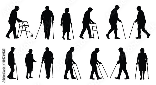 elderly people walking with various aids silhouette