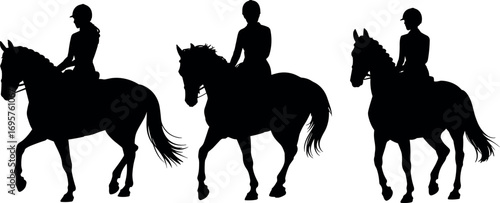 Silhouette trio of elegant horses and riders in motion capturing equestrian grace and athleticism