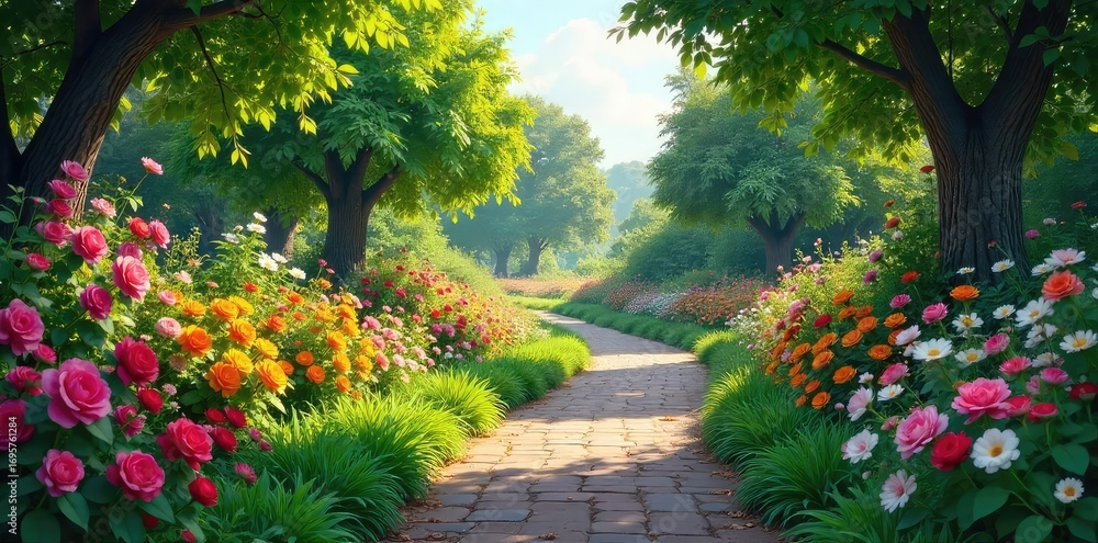 Naklejka premium Winding Garden Path with Vibrant Flowers and Lush Greenery A Picturesque Idyllic Scene of Tranquility and Natural Beauty