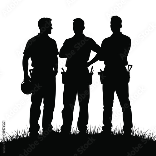 Three construction workers in silhouette with tool belts 