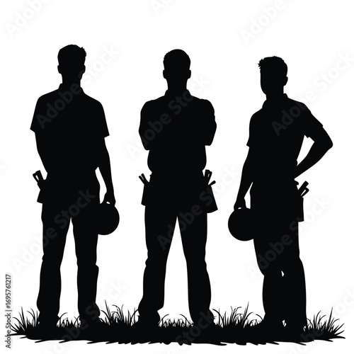 Three construction workers in silhouette with tool belts 