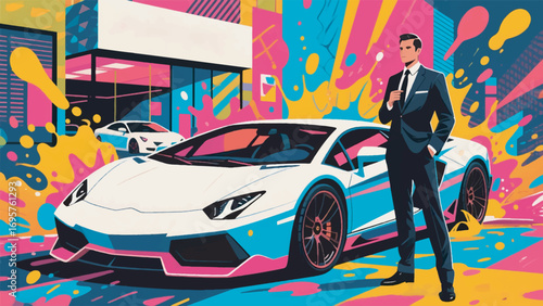illustration of a luxury car dealer in pop art style vector design template