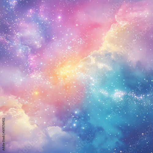 Magical pastel galaxy scene with colorful nebula clouds, glowing stars, and soft cosmic light in pink, blue, and yellow tones
