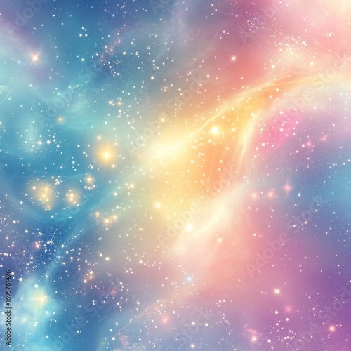 Colorful pastel galaxy background with glowing stars, nebula clouds, and cosmic light in blue, pink, and yellow hues
