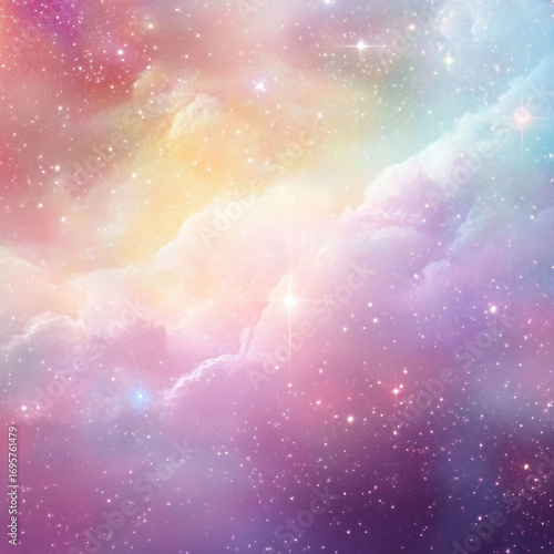 Dreamy pastel galaxy background with colorful clouds, stars, and cosmic light in soft pink, purple, and yellow hues

