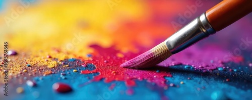 Paintbrush poised above vibrant canvas, ready to create.  A close-up image symbolizing artistic passion, limitless potential, and the exciting future of creative expression.