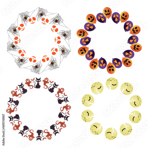 The Halloween circle frame set. Feature spiders, skulls, balloons, cats, ghosts, and moons.