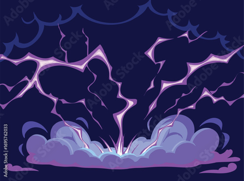 Cartoon anime style purple lightning thunderstorm discharge