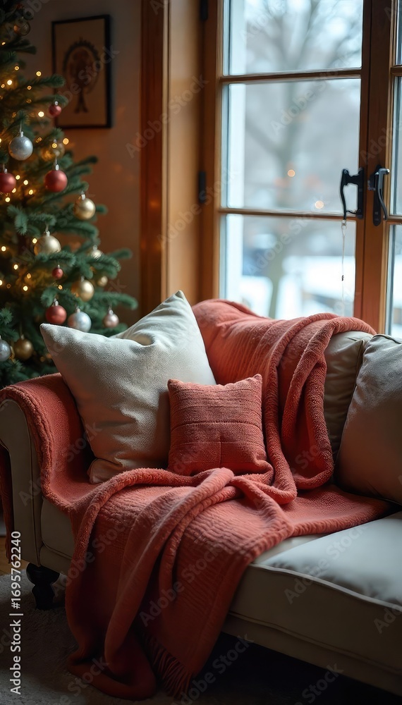 Fototapeta premium Cozy Winter Living Room Plush Couch, Soft Blankets, Warm Lighting - Perfect for Relaxation and Comfort on a Cold Day