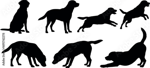 Collection of dog silhouettes capturing various poses and actions including sitting running and playing