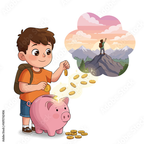 Cultivating Financial Dreams: Young Boy Saving for Future Success and Achieving Goals Vector Illustration