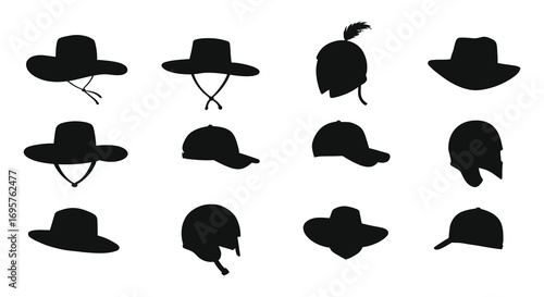 various hats styles depicted in black silhouette