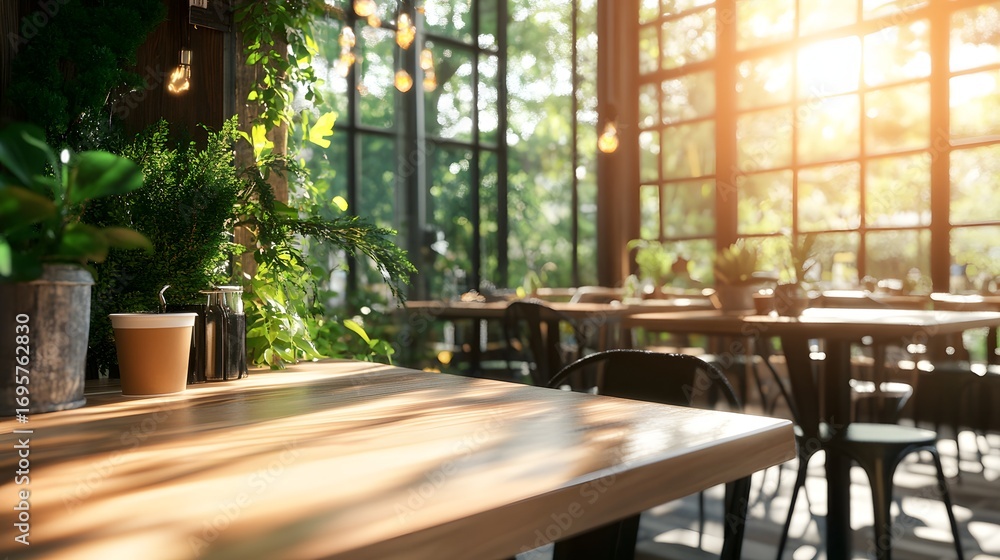 Fototapeta premium Sunlit outdoor café with modern wood tables and greenery along brick wall, perfect for website headers, hospitality promotions