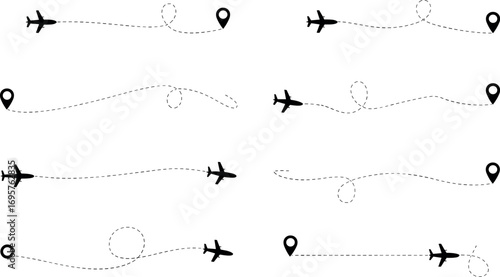 Collection of airplane flight paths and destination markers simple graphic icons for travel and aviation