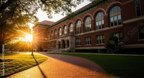 Fototapeta Naklejka Na Ścianę i Meble -  Warm golden hour sunlight streams across a brick building and pathway on a college campus
