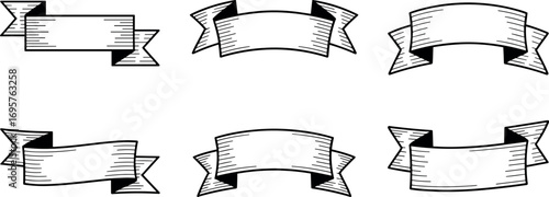 Collection of six hand drawn ribbon banners for design elements and decoration