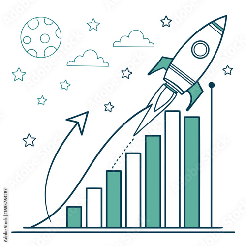 Rocket Launching Towards Success Illustrating Business Growth and Financial Progress with a Sky Full of Dreams and Opportunities