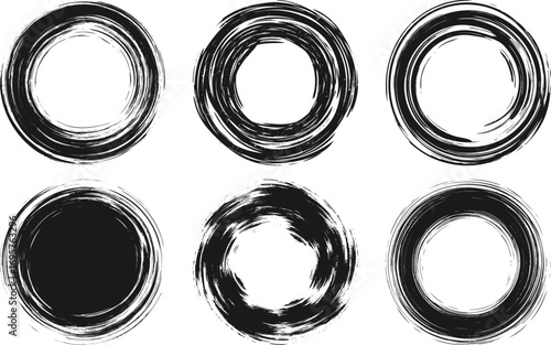 grunge ink brush strokes set, distressed round circle frames, abstract artistic paint circles, hand drawn messy brushstrokes collection