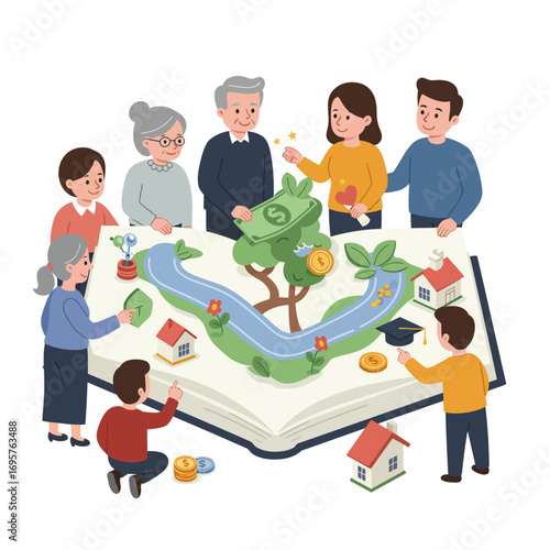 Strategic Family Financial Journey Vector Illustration: Planning Generational Wealth & Life Milestones