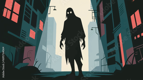 illustration of a shadow character with a dark urban background vector design template