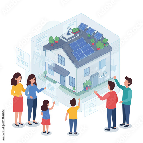 Family Planning a Sustainable Smart Home Future: Green Technology Vector Illustration