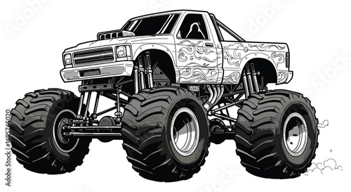 monster truck with large wheels and detailed design silhouette