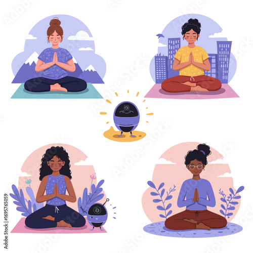 Achieving Inner Peace with AI-Assisted Mindfulness: Diverse Women Meditating Vector Illustration