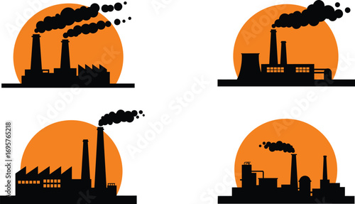 industrial pollution factories emitting smoke against orange sky
