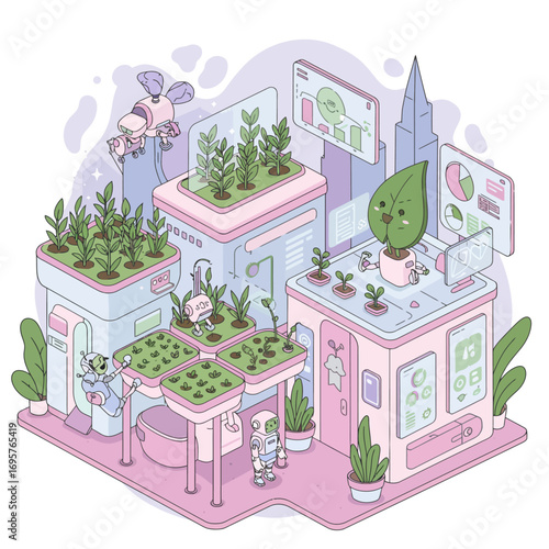 AI-Powered Vertical Farm Vector Illustration: Cultivating Sustainable Urban Futures with Robotics