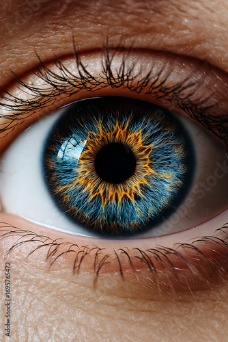 Azure Gaze: Captivating macro view of a striking blue eye, intricately detailed iris with radiating golden accents, framed by delicate lashes.