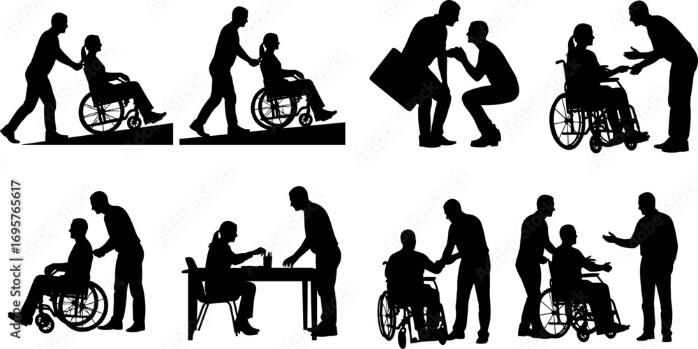 Obraz premium Diverse silhouette scenes of caregivers assisting people in wheelchairs and with daily tasks