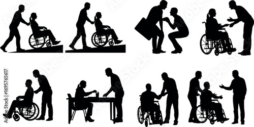 Diverse silhouette scenes of caregivers assisting people in wheelchairs and with daily tasks