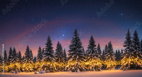 Evergreen Trees with Golden Lights in Snowy Winter Landscape