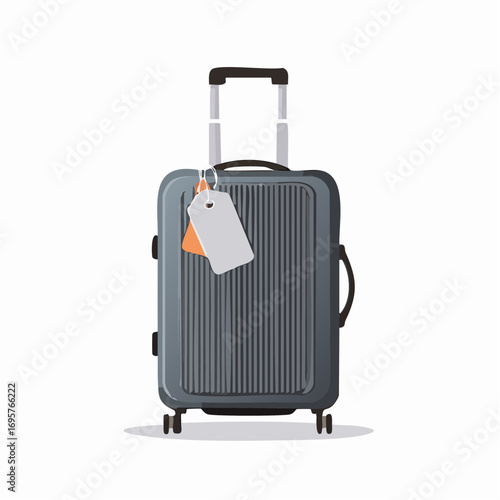 Wheel luggage for travel. Modern suitcase with handle, baggage tag
