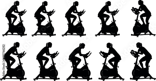 Dynamic silhouette sequence of a person cycling on an exercise bike showing different poses and movements