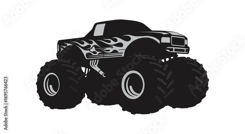 monster truck with large wheels and flame decals silhouette