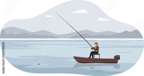 a man fishing from a boat on calm waters
