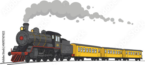 a steam train pulling yellow passenger cars through landscape