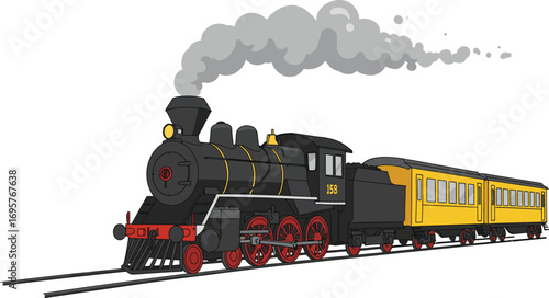 a classic steam train chugging along tracks with smoke