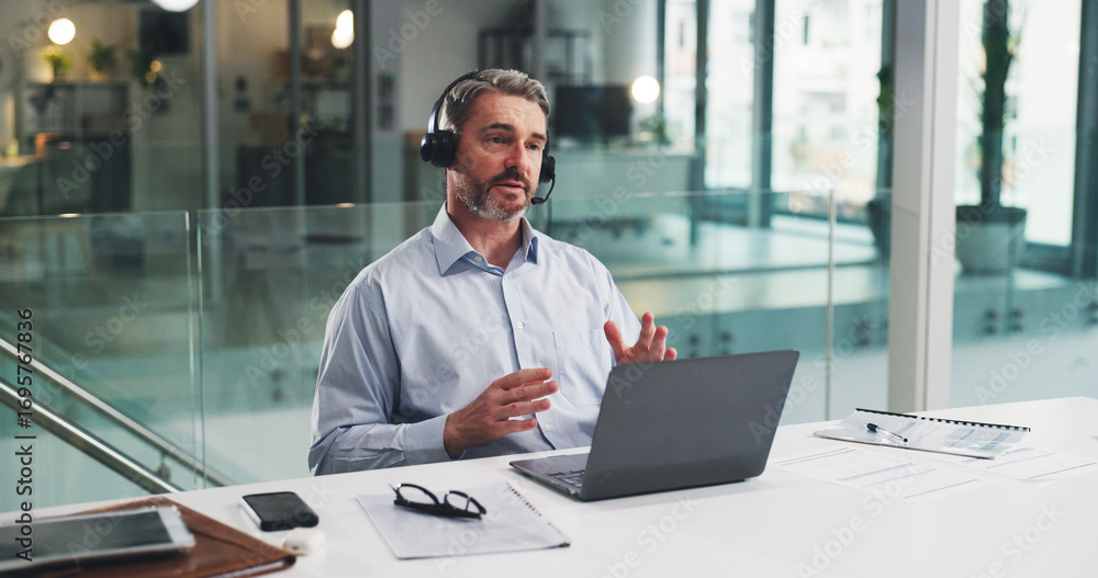 Fototapeta premium Telemarketing, discussion and man with laptop in call center, talk and planning for lead generation. Agent, communication and explaining offer to contact, chat and mature person with mic for sales