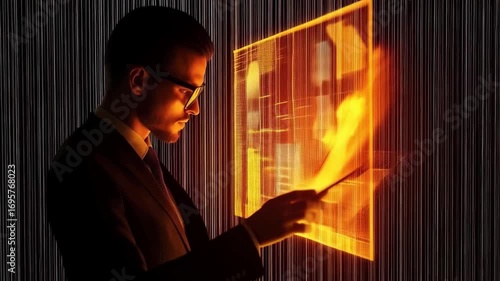 Businessman Interacting with Glowing Holographic Display in a Futuristic Digital Environment