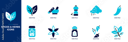 Spices & Herbs Blue Colored Outline Icon Set